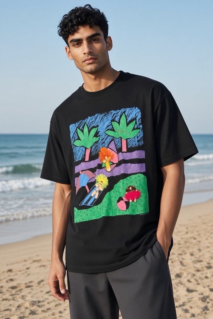 VTG 90s B.J. Design Concepts Shirt Men's OS Black Beach Doll 3D Graphic T-Shirt